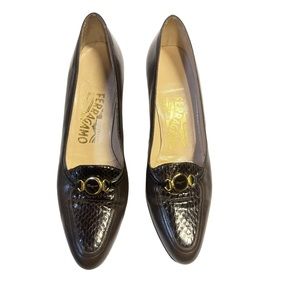 Salvatore Ferragamo Brown Leather Pumps Snakeskin Made in Italy Italian Heels